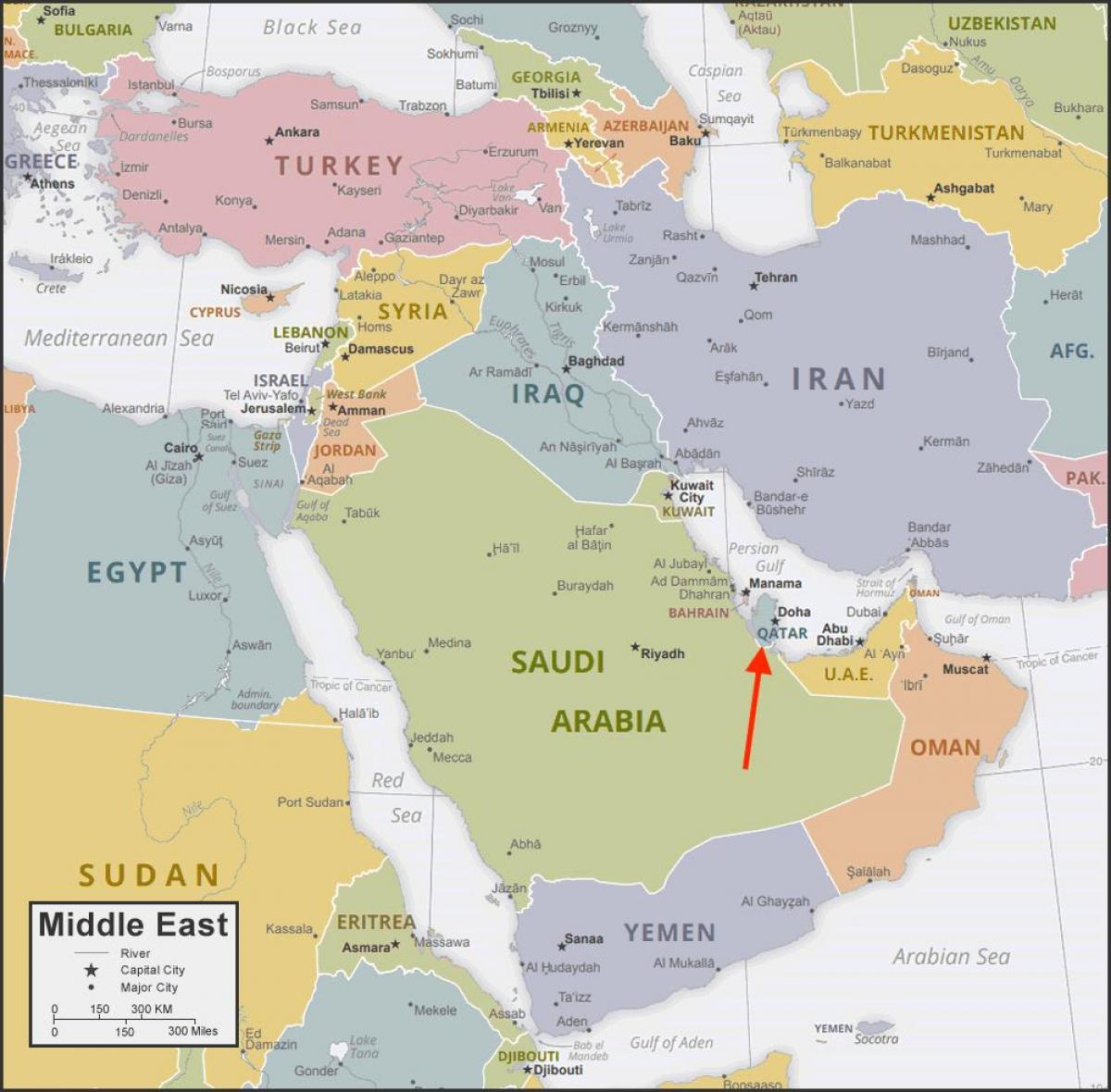 Ubicación de Qatar en el mapa de Asia Occidental